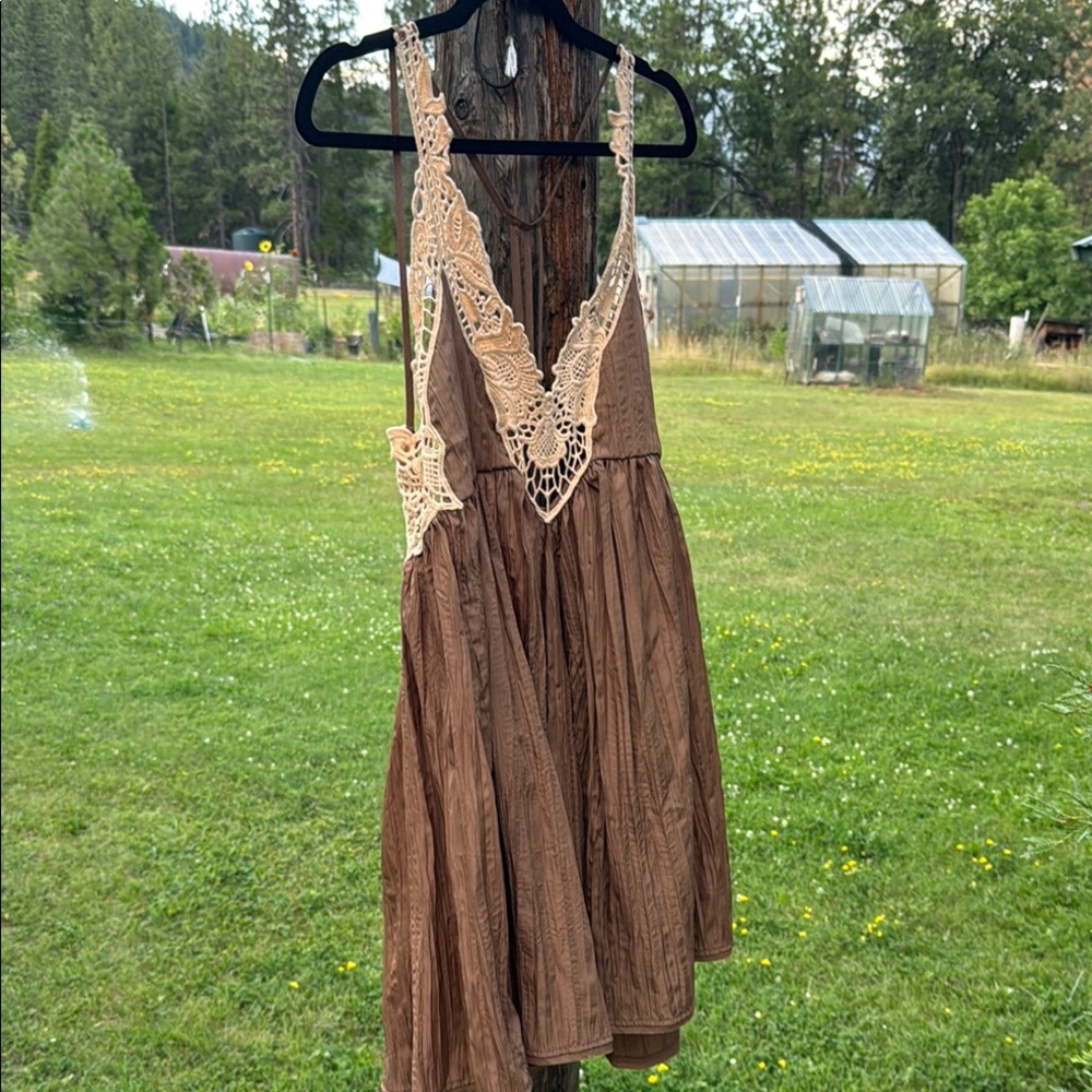 Free People Brown Backless Dress with Lace Detail